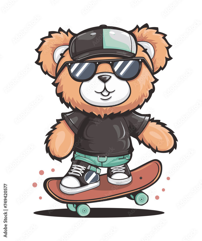 Cute Teddy bear in urban fashion style clothes rides skateboard. Plush Teddy bear boy in jeans, t-shirt, baseball cap and sunglasses. Hand drawn vector illustration isolated on transparent background.
