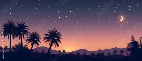 Beautiful Vast desert with palm or dates trees scenery. starry sky. copy space. for Ramadan banner. presentation.