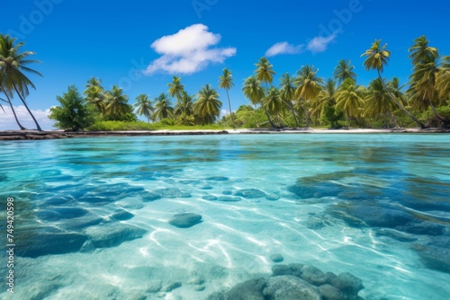 Tropical beach with palm trees and serene lagoon, exotic destination for relaxation and vacation