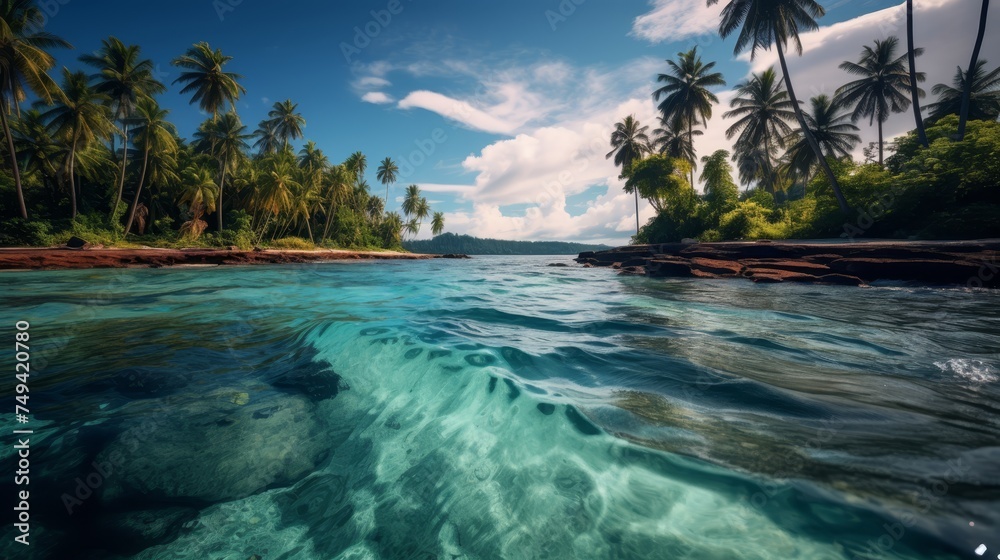 Beautiful tropical beach with exotic palm trees and calm serene lagoon, idyllic island paradise Beautiful tropical beach with exotic palm trees and calm serene lagoon, idyllic island paradise