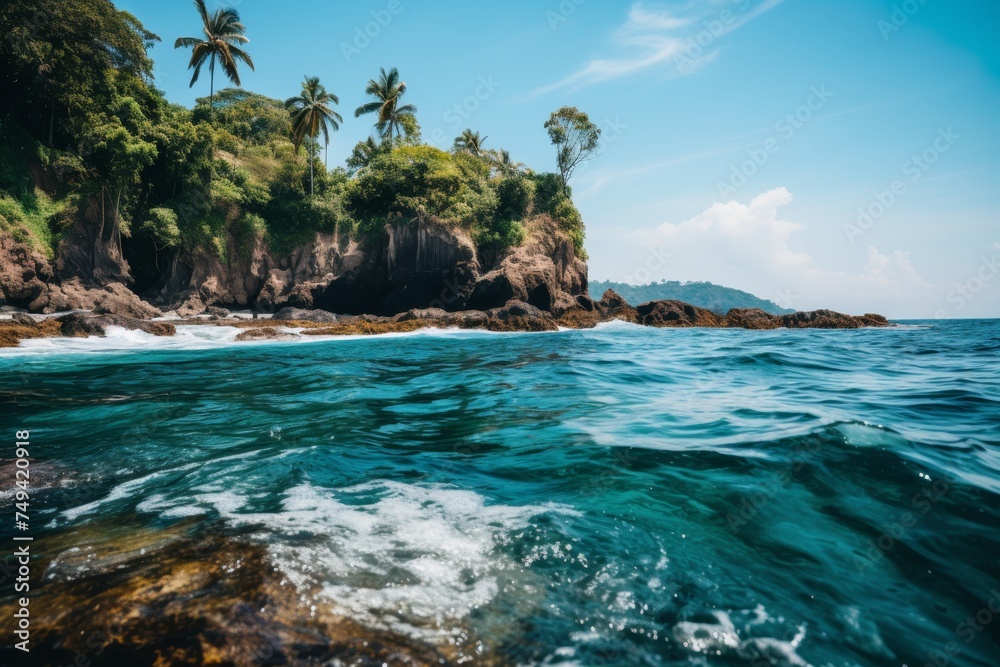 Fototapeta premium Tranquil tropical beach with palm trees and serene lagoon ideal for vacation or travel concept