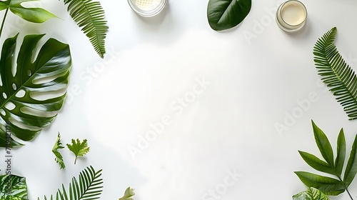 Natural cosmetics and green leaves over white background. Flat lay composition with cosmetic products. Space for text. Generative Ai