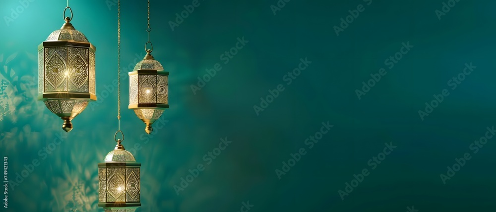 Arabic lantern for Ramadan celebrates isolated on Emerald green background. Banner, mubarak, kareem, copy space concept, mockup. Arabic lantern for Ramadan celebrates isolated on Emerald green background. Banner, mubarak, kareem, copy space concept, mockup.