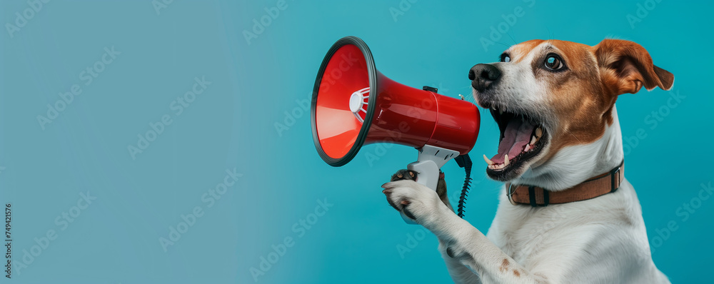 Naklejka premium Energetic Canine Announcing Loudly with Megaphone, Vibrant Pet Communication