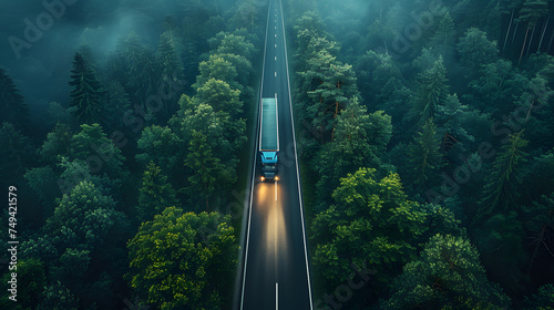 
Arial view of heavy truck on a narrow road through the forest.landscape