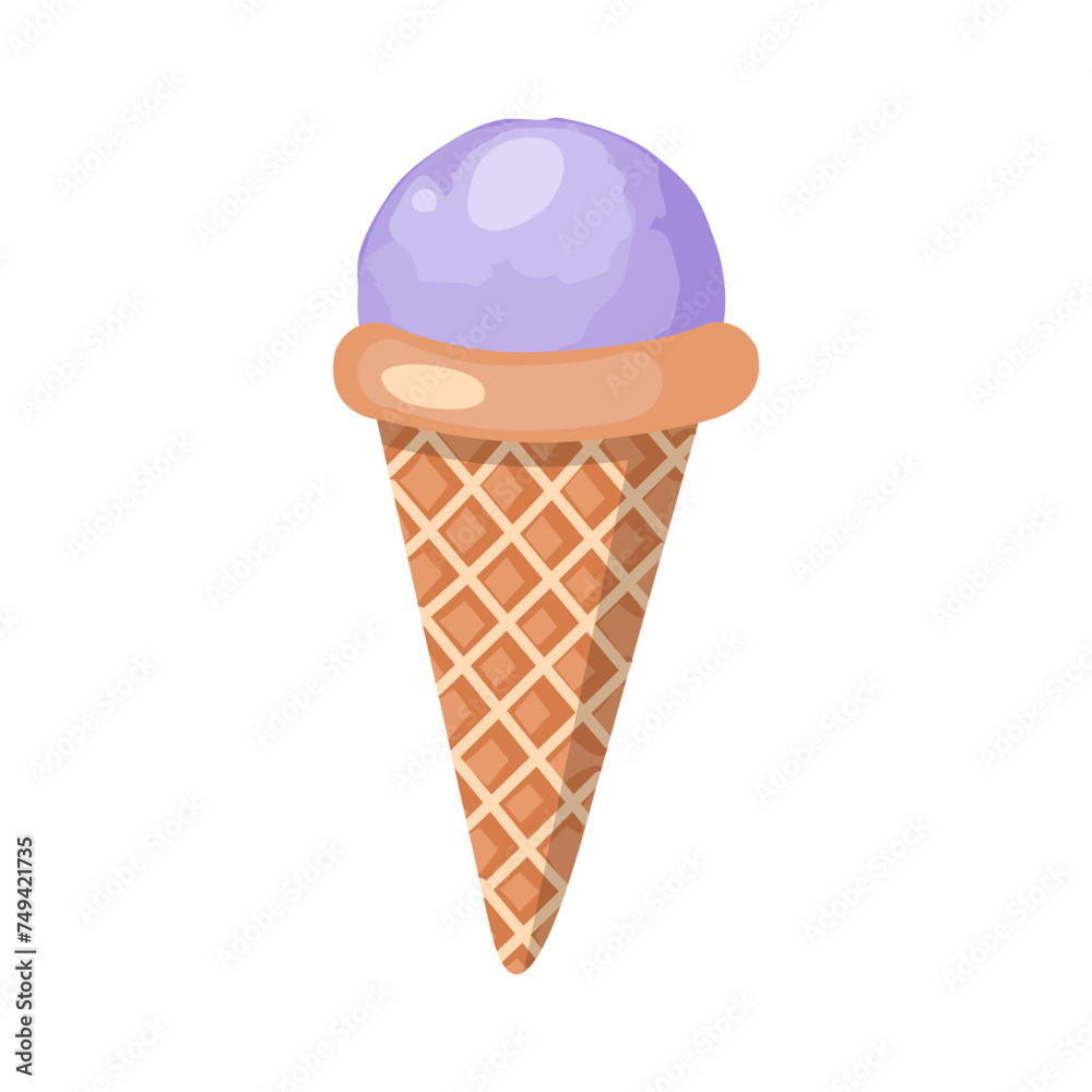 Lavender ice cream. Three balls of creamy sweet dessert in a waffle cone. Purple sorbet. Vector illustration on white background. Lavender ice cream. Three balls of creamy sweet dessert in a waffle cone. Purple sorbet. Vector illustration on white background.