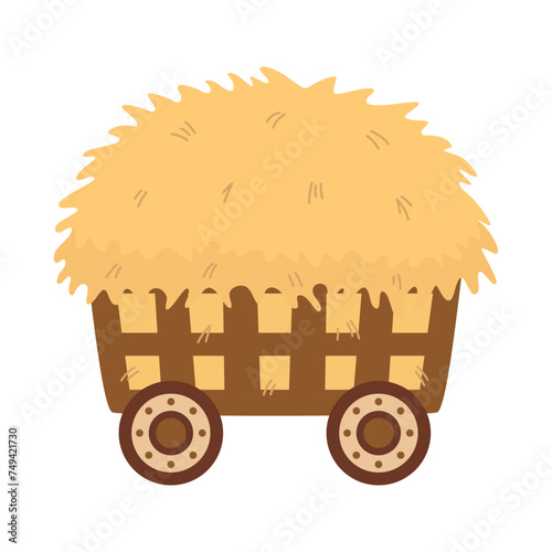 wooden four wheel cart with hay, flat vector illustration