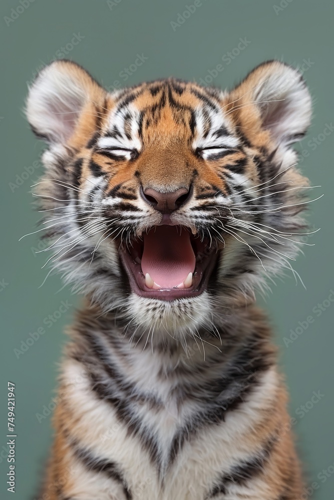 Fototapeta premium Funny little tiger cub yawns