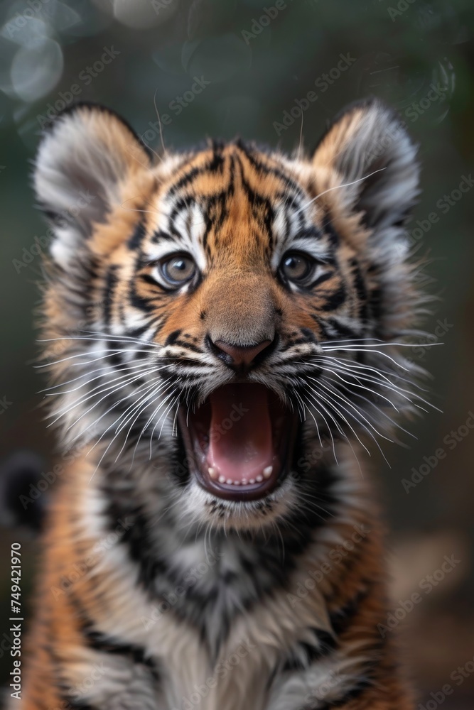 Fototapeta premium Growling cute little tiger cub