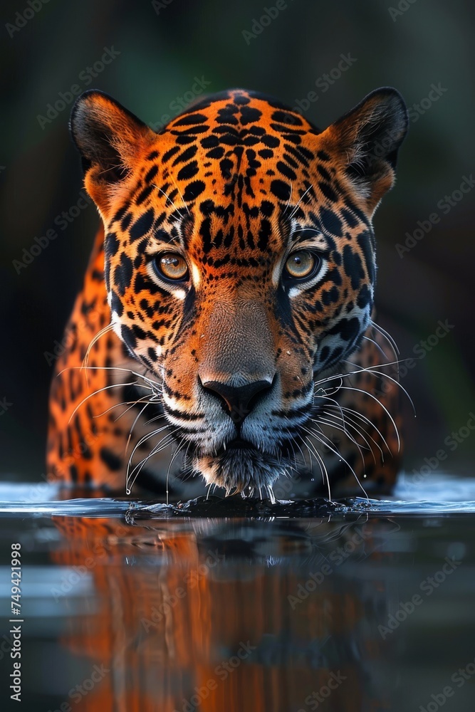 Macro photo of a jaguar swimming in the water, wildlife