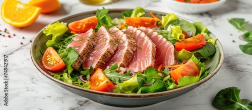 A bowl filled with a tuna tataki salad featuring fresh lettuce, juicy tomatoes, and slices of orange, placed on a marble table in a restaurant setting.