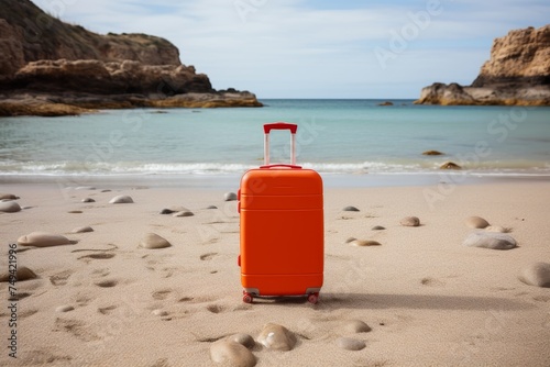 Modern suitcase on beach. vibrant design with wheels  perfect for travel and tourism
