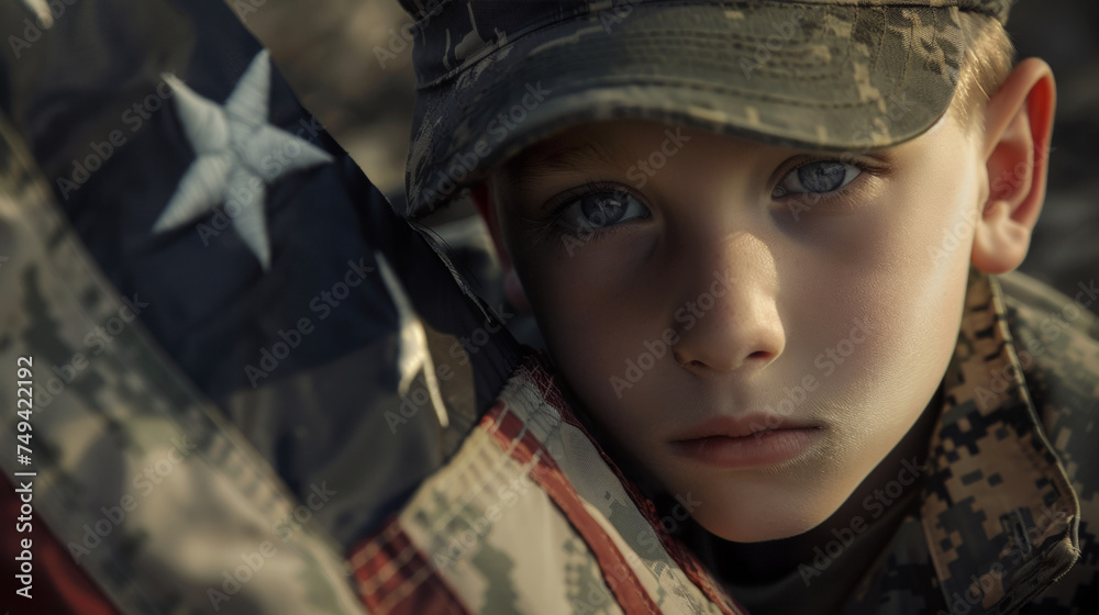Young Child in Military Camouflage Holding American Flag Young Child in Military Camouflage Holding American Flag