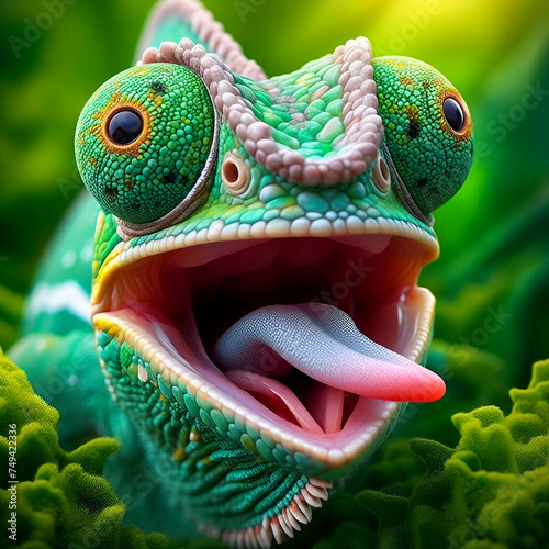 Cute Funny Cartoon Chameleon Gecko Lizard Chamaeleo Calyptratus Animal Closeup with its' Mouth Open & Shoots Extended Pink Tongue Out Hunting Against a Green Backdrop on Summer Vacation. Time to Hunt photo
