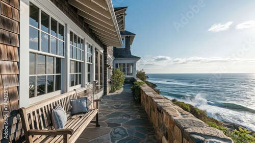 the coastal charm of a Hamptons-style beach house with shingle siding, overlooking the ocean photo