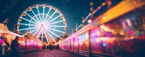 Colorful Ferris Wheel lit up at night at a vibrant fair. Concept Nighttime fun, Colorful lights, Ferris Wheel, Vibrant fair, Outdoors