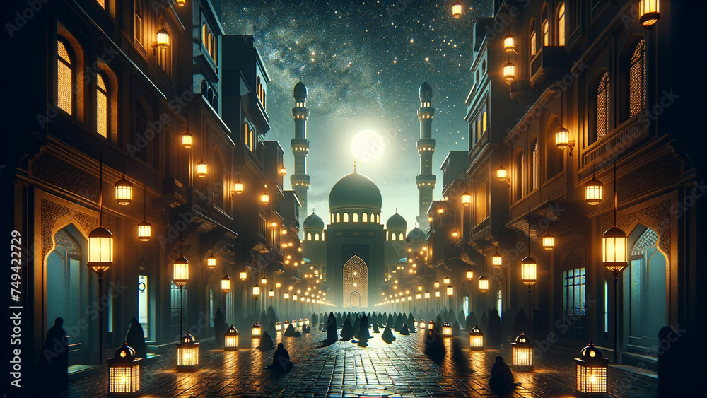 Enchanted Ramadan Nights: A Majestic Mosque under the Crescent Moon