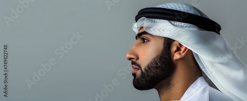 Portrait Close up of Arabian man in traditional outfit, wearing white kandura and black agal isolated on grey   background. Headshot, half body. side view, copy space. Ramadan concept.  photo