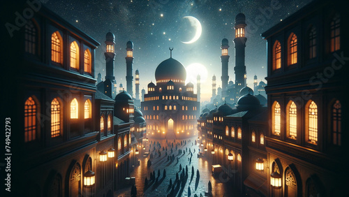 Enchanted Ramadan Nights: A Majestic Mosque under the Crescent Moon photo