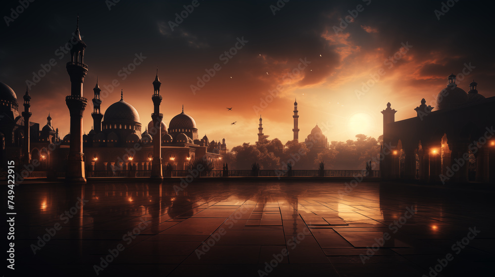 Naklejka premium mosque at sunset, ramadan and eid background