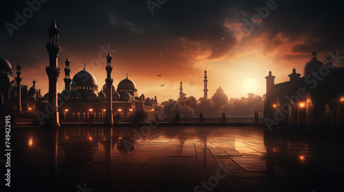 mosque at sunset, ramadan and eid background