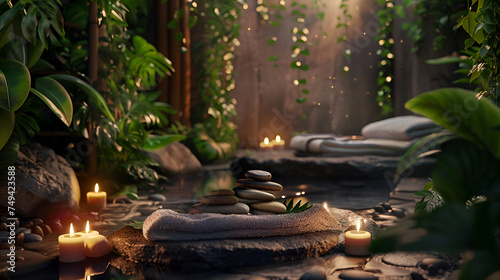 A serene spa setting showcasing massage stones arranged with soft towels and flickering candles against a backdrop of lush greenery and natural elements  evoking a sense of tranquility and relaxation