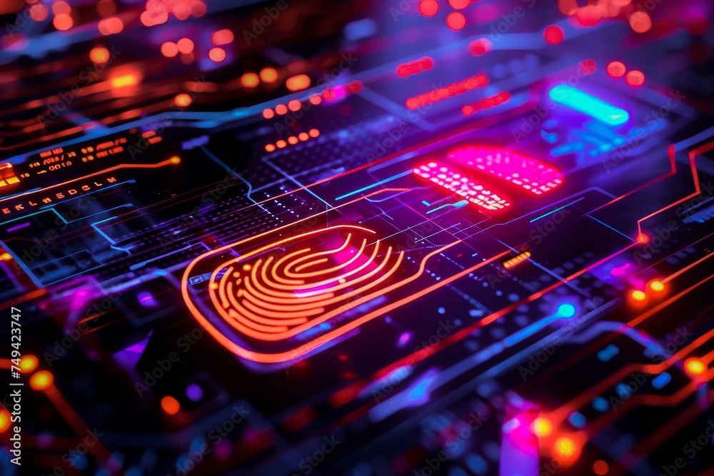 Vibrant image of a fingerprint on a digital circuit board representing high-tech cybersecurity and authentication. Vibrant image of a fingerprint on a digital circuit board representing high-tech cybersecurity and authentication.