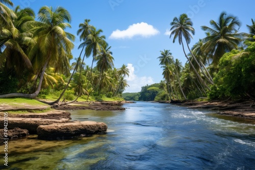 Tranquil tropical beach scene with palm trees and clear blue lagoon for serene vacation concept