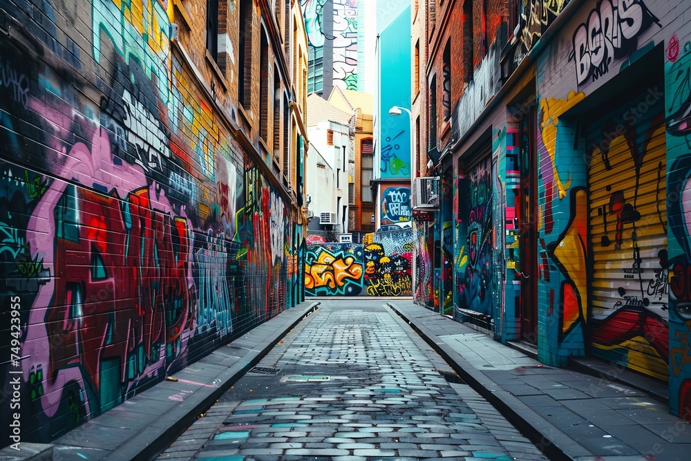 A narrow alleyway covered in graffiti, with colorful and intricate designs covering the walls from top to bottom. Generative AI