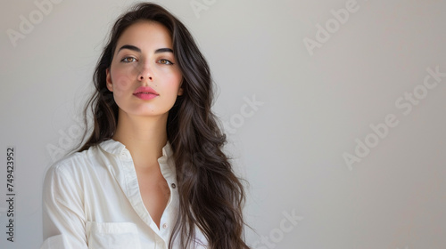 Charming female entrepreneur on a stark white background, caught in a stunning moment as she catches the viewer's eyes and radiates confidence and resolve