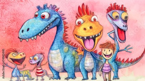 childrens pencil drawing depicts playful dinosaurs and kids having a blast together