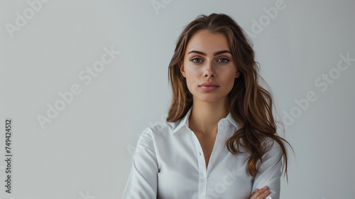 Successful female entrepreneur, impeccably dressed and exuding confidence, captured in a powerful moment as she meets the viewer's gaze against a pristine white backdrop © Stone Shoaib