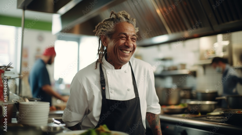 A male restaurant chef with dreadlocks and tattoos stands in the ...