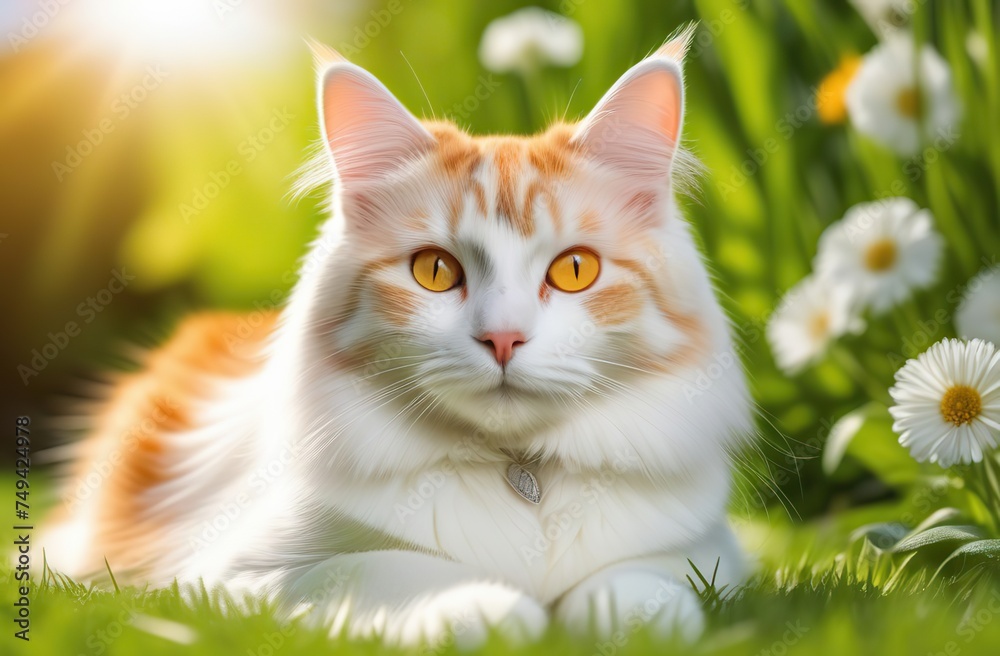 In the background of a sunny summer day, amidst the vibrant nature of spring, a cat with white fur gracefully rests on the green grass of the garden, its orange eyes matching the color of the blooming