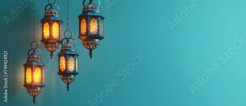 Arabic lantern for Ramadan on left side, isolated on turquoise background. illuminate, copy space concept, mockup.