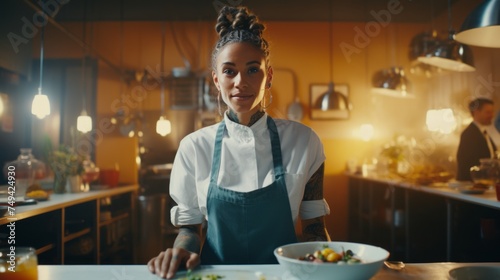 A female restaurant chef with dreadlocks and tattoos stands in the kitchen. The new generation of culinary photo