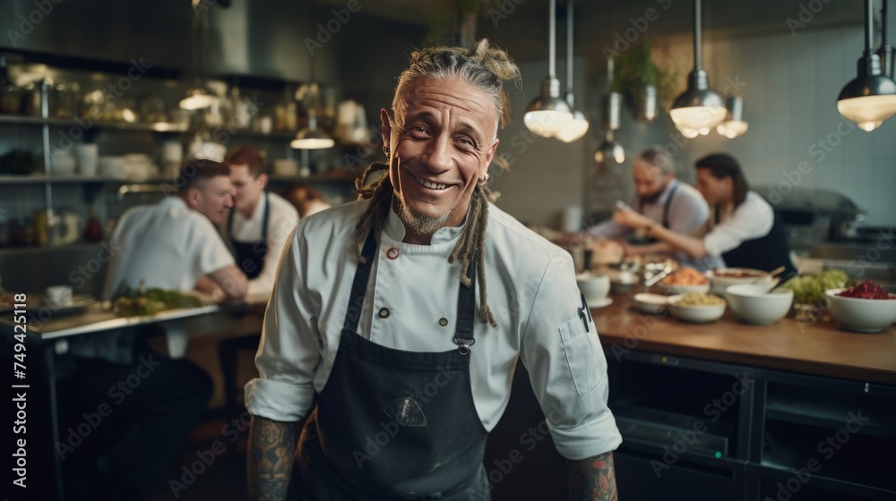 A male restaurant chef with dreadlocks and tattoos stands in the kitchen. The new generation of culinary
