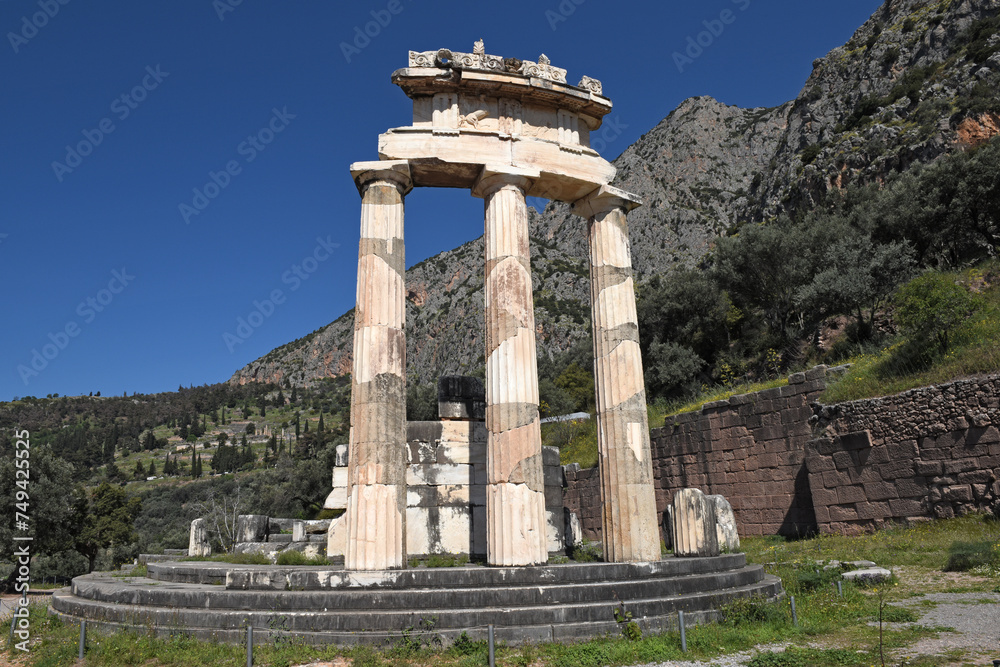 The Tholos of Delphi, a circular temple and one of the ancient structures of the Sanctuary of Athena Pronaia, Delphi, Greece 