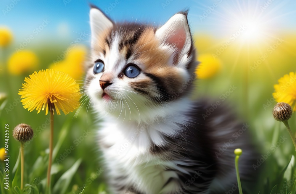 A small fluffy funny kitten enjoys on a spring summer meadow among dandelion flowers. Postcard banner spring time A small fluffy funny kitten enjoys on a spring summer meadow among dandelion flowers. Postcard banner spring time