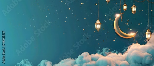 Illuminate Element gold crescent moon with lanterns on cloud, isolated on starry Emerald green background. right side. copy space. mockup. for Ramadan greeting card.  photo