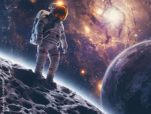 Astronaut stands on a foreign planet, gazing at distant galaxies, embodying humanity's quest for cosmic discovery