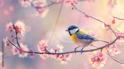 A vibrant titmouse perched gracefully on a branch, amidst the delicate pink blooms of early spring