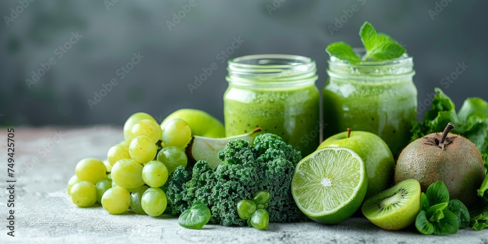 Glass jar green health smoothie, kale leaves, lime, apple, kiwi, grapes, banana, avocado, and lettuce. Copy space. Raw, vegan, vegetarian, and alkaline food concepts. Banner, On the white marble table Glass jar green health smoothie, kale leaves, lime, apple, kiwi, grapes, banana, avocado, and lettuce. Copy space. Raw, vegan, vegetarian, and alkaline food concepts. Banner, On the white marble table