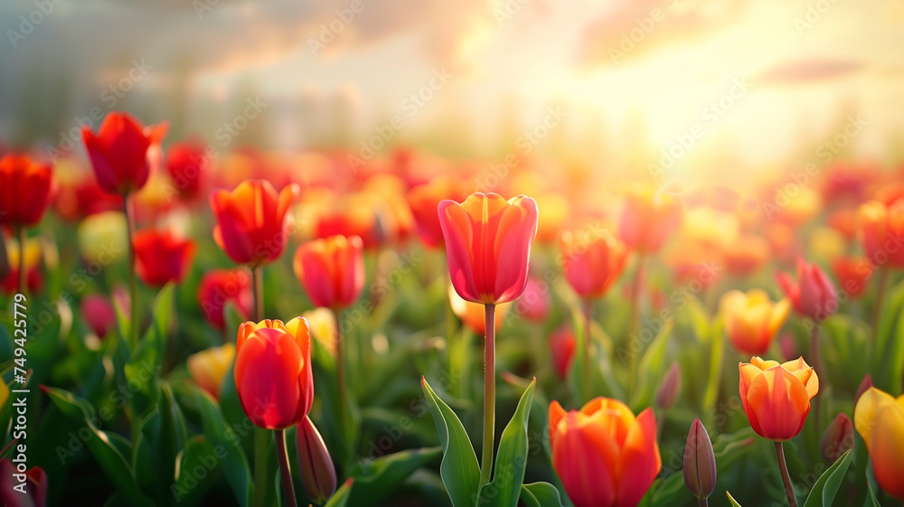 A stunning display of tulips under the warm sunset glow, creating an enchanting atmosphere in the flower field