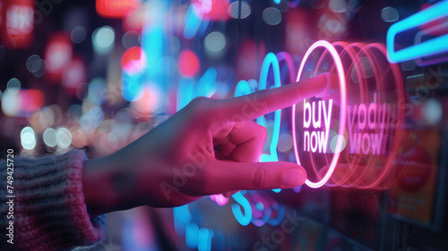 A finger poised to press a 'buy now' neon sign, encapsulating the pulse of contemporary digital shopping and instant gratification