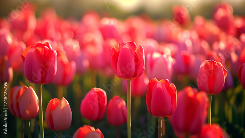 A field of radiant crimson tulips basking in the soft glow of sunrise  symbolizing the warmth and beauty of the spring season.