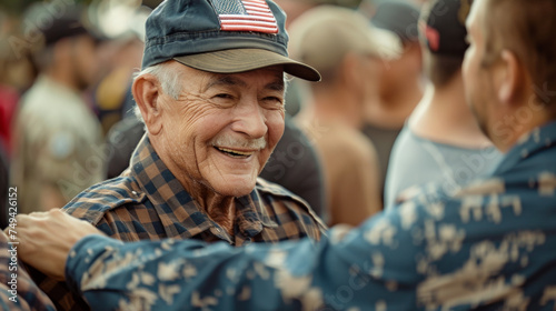 Senior Veteran's Heartwarming Embrace at Patriotic Gathering Captured