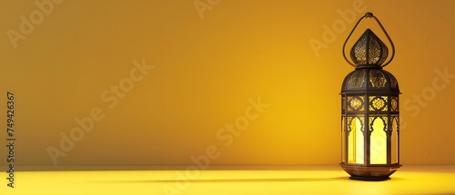 Arabic lantern Ramadan on yellow background. copy space concept, mockup. 