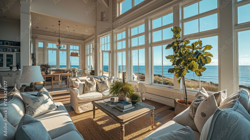 Fototapeta premium the coastal elegance of a Cape Cod-style residence overlooking the ocean, capturing the essence of seaside living