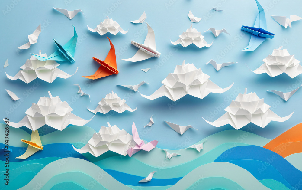 Paper orgami art of colorful paper airplanes